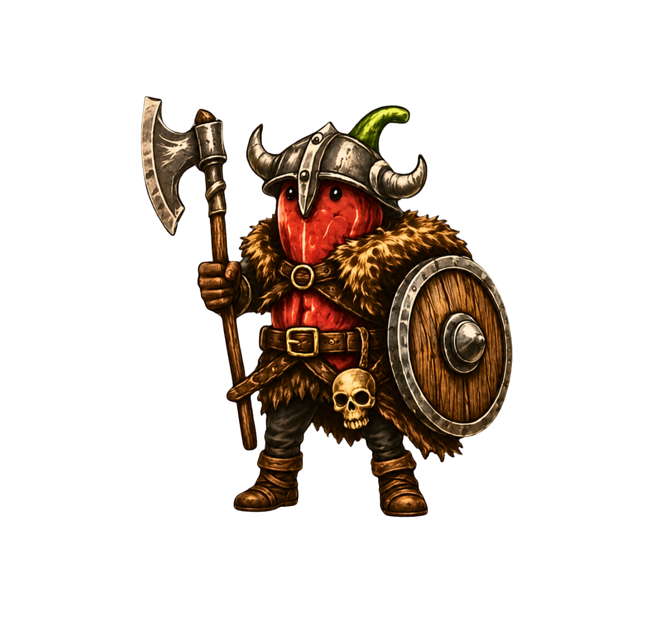 Barbarian character — pepper-headed viking with horned helm, axe, and shield