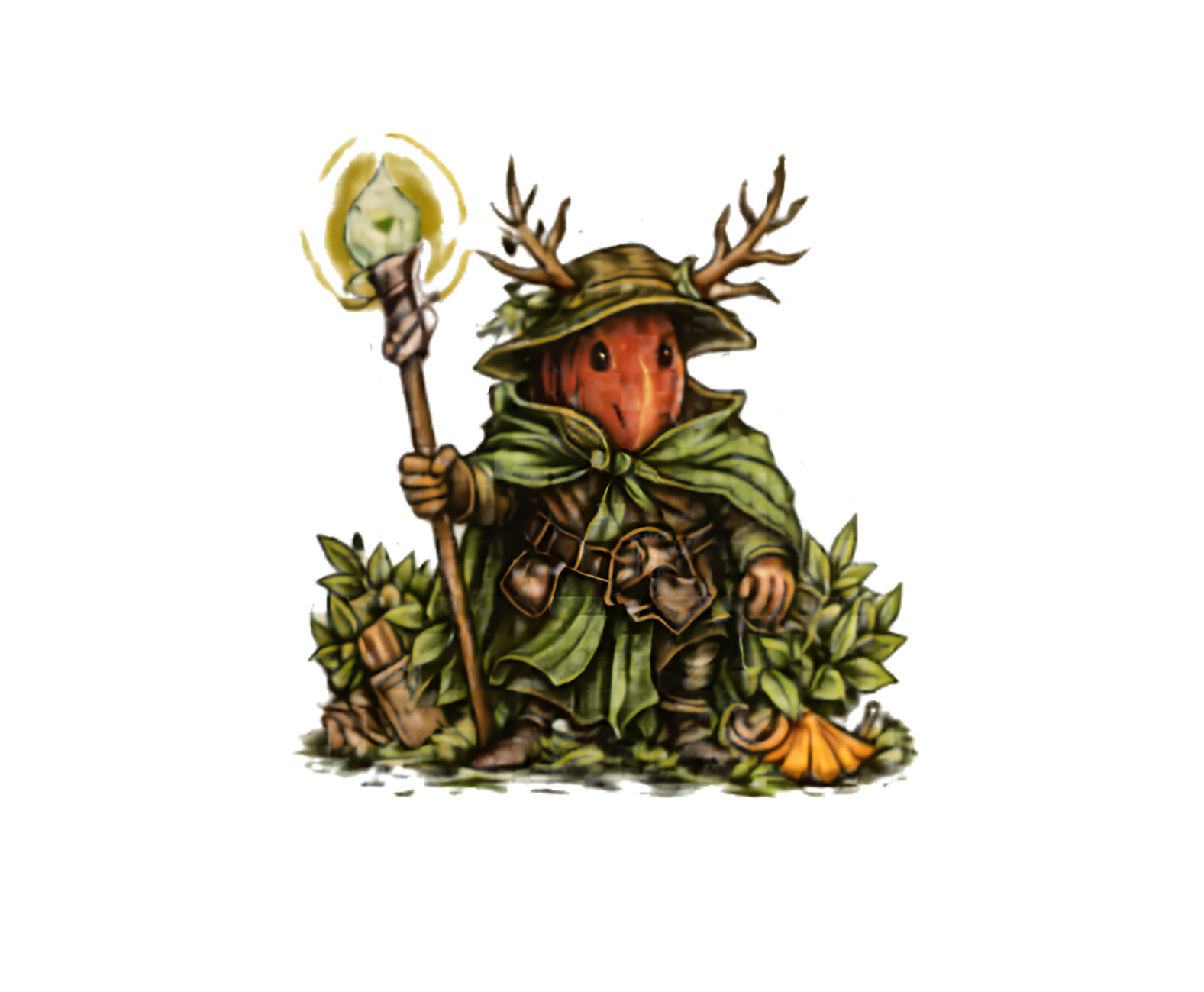 Druid character — pepper-headed forest druid with antlers and glowing staff