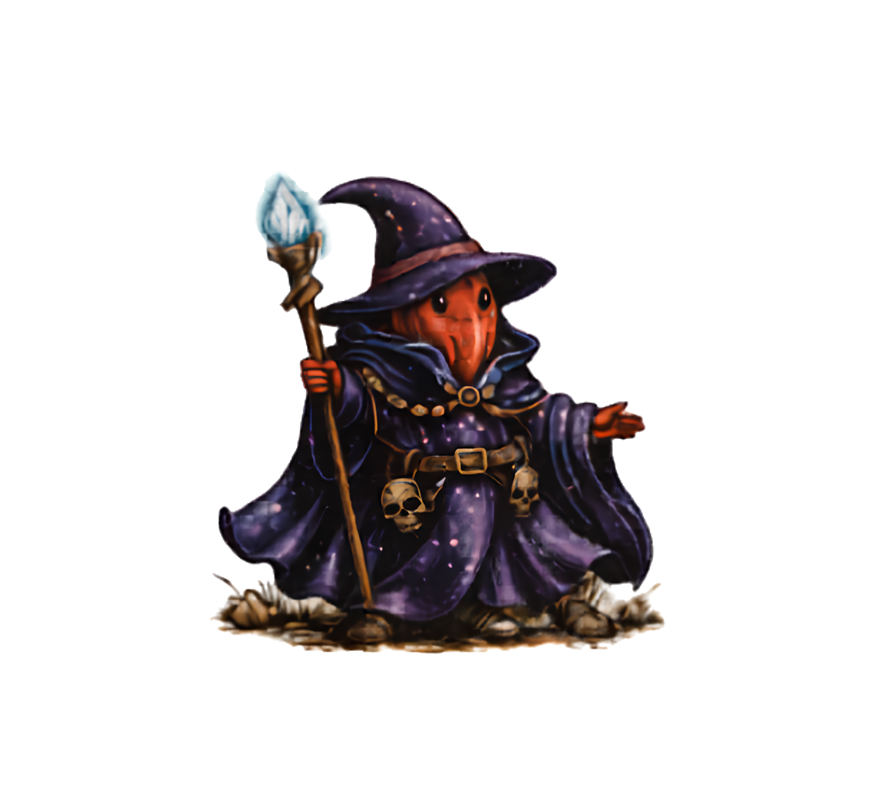 Wizard character — pepper-headed mage in starred purple robes with crystal staff